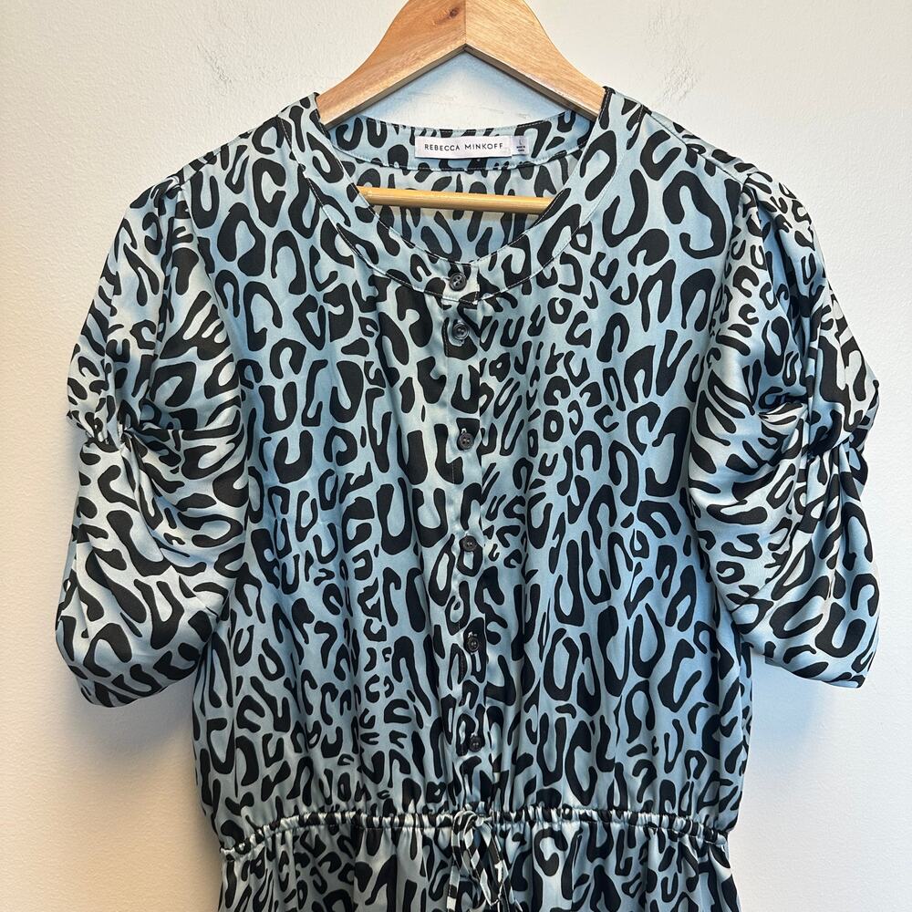 Rebecca Minkoff Aston‎ Puff-Sleeve Tiered Blouson Mini Dress Blue Leopard Large - Picture 4 of 11